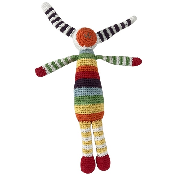 Pebble Handmade Crochet Bunny Rattle Toy Rainbow Stripes  12” Plush Doll - Picture 2 of 8